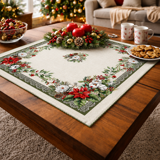 European Christmas Gobelin centrepiece tablecloth with poinsettia and white rose design, layered over a larger tablecloth
