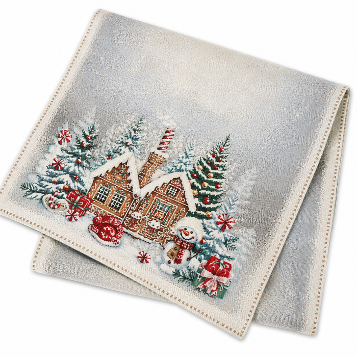 European Christmas tapestry table runner with silver Lurex, Gingerbread Village design, gingerbread houses, snowmen, Christmas trees, and candy canes
