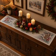 European Christmas tapestry table runner with silver Lurex, Gingerbread Village design, gingerbread houses, snowmen, Christmas trees, and candy canes