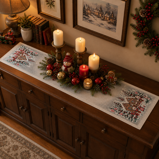 European Christmas tapestry table runner with silver Lurex, Gingerbread Village design, gingerbread houses, snowmen, Christmas trees, and candy canes