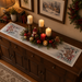 European Christmas tapestry table runner with silver Lurex, Gingerbread Village design, gingerbread houses, snowmen, Christmas trees, and candy canes
