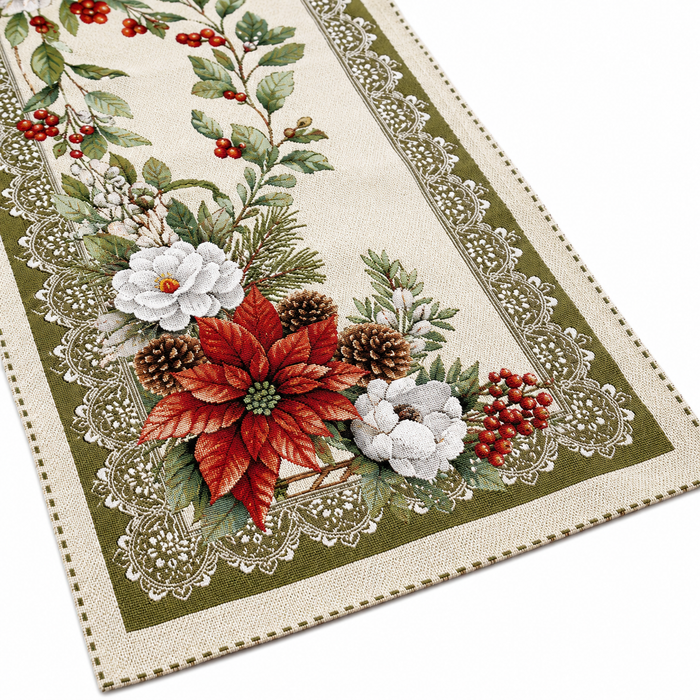 European Christmas Gobelin table runner with poinsettia and white rose design, tartan border, made in Italy