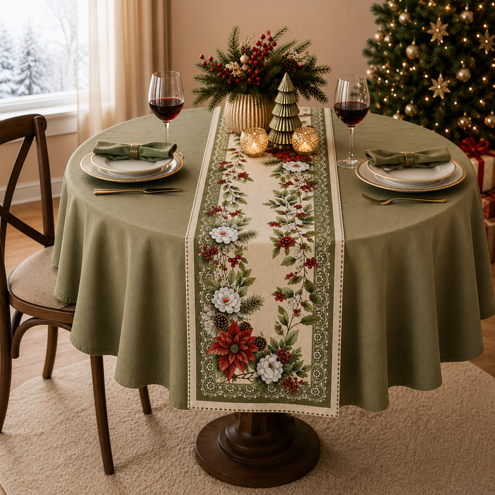 European Christmas Gobelin table runner with poinsettia and white rose design, tartan border, made in Italy