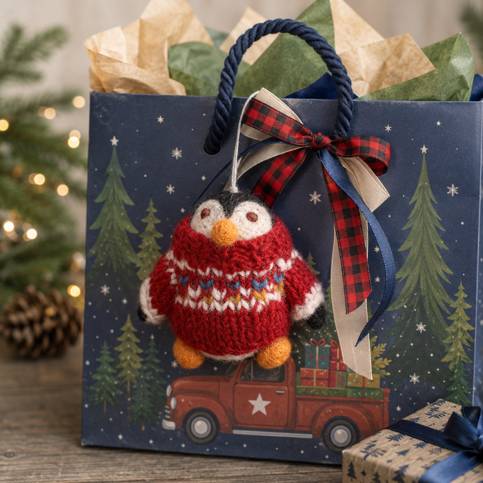 Gingerbread World European Christmas Market - Gry and Sif Denmark Felted Wool Ornaments Penguin in Red Christmas Sweater