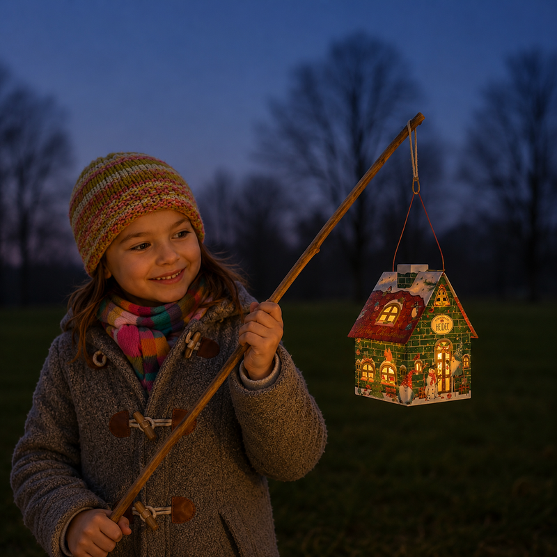 Young girl carrying a glowing Heidel Christmas Gnome Cottage chocolate tin as a lantern on a traditional German St. Martin's Day lantern stick at twilight. The illuminated gnome cottage creates a warm festive glow against the evening sky.