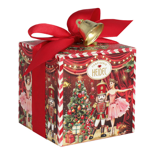 Heidel Fairy Tale embossed chocolate gift tin with Nutcracker scene and nine individually wrapped German milk chocolate bars.