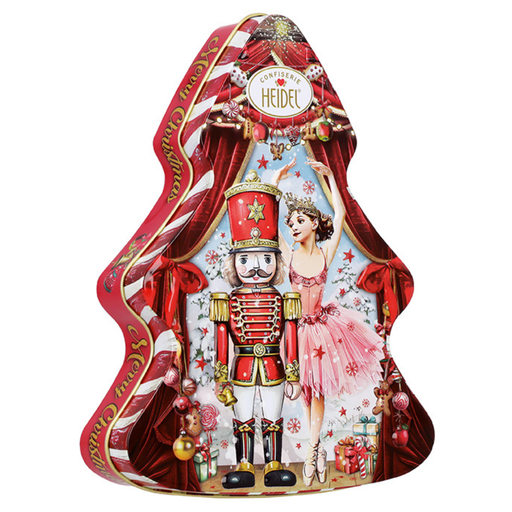 Heidel Fairy Tale embossed chocolate gift tin with Nutcracker scene and nine individually wrapped German milk chocolate bars.
