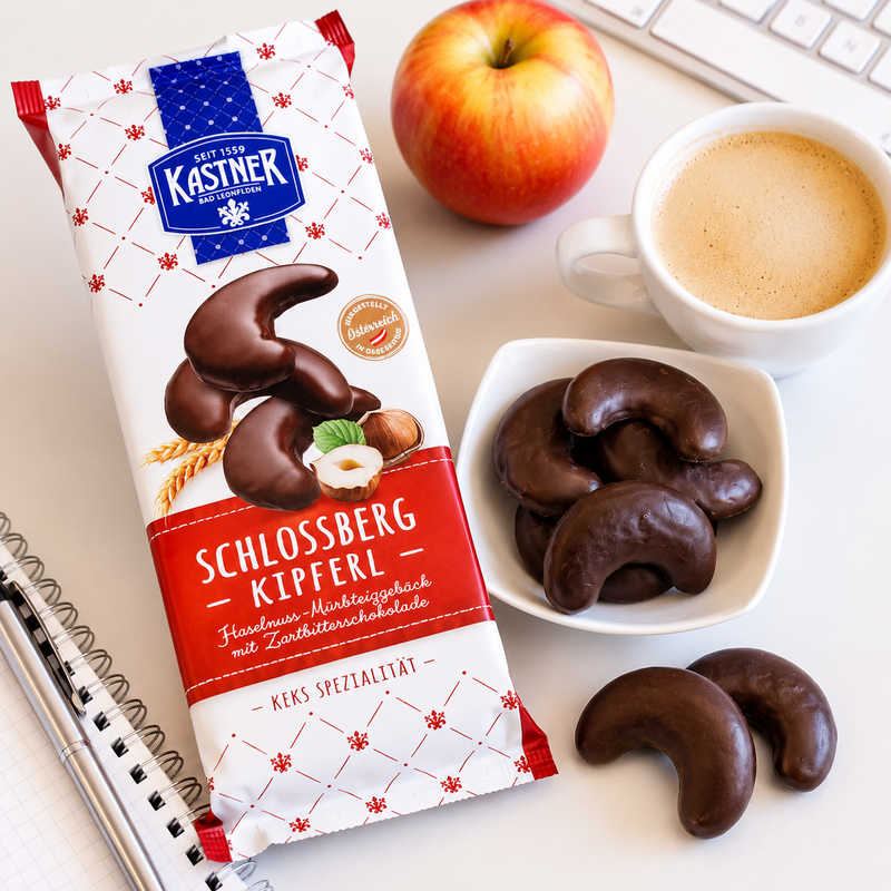 Kastner Austrian Schlossberg dark chocolate covered hazelnut crescent cookies 140 g – Gingerbread World European Christmas