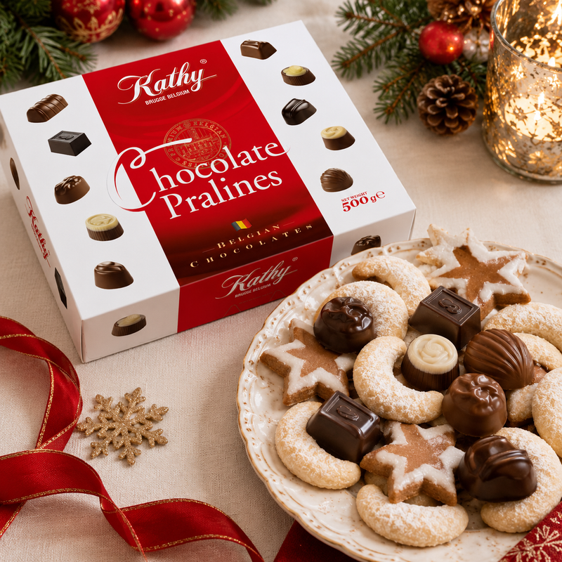 Confiserie Kathy Belgian Assorted Chocolate Pralines Gift Box with assorted milk, dark, and white chocolate pralines in a 500 g gift box.