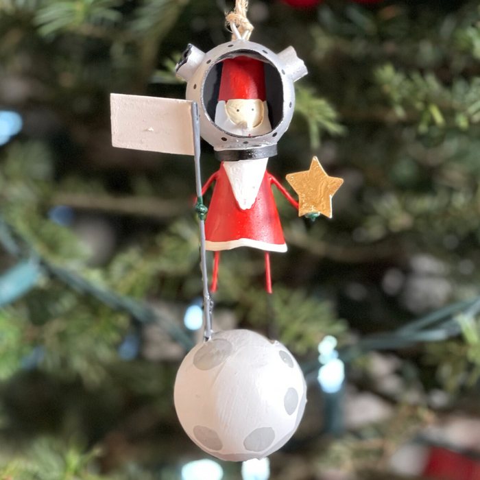 Handmade Tin Ornament - Santa on the Moon