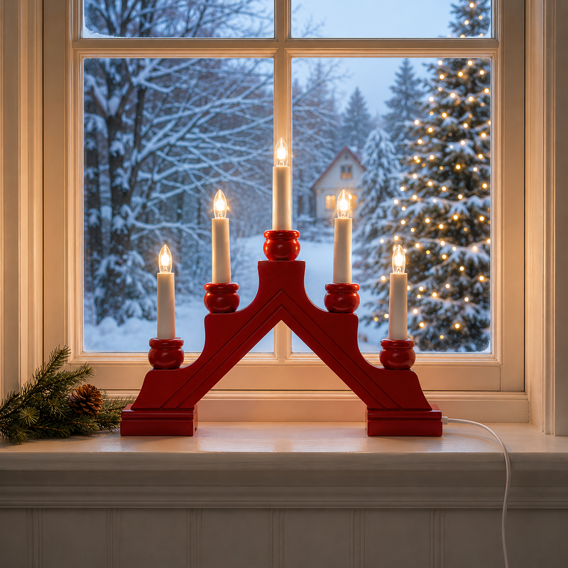 Red wooden candle arch with five LED candles Scandinavian Christmas window decoration – Gingerbread World European Christmas