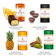 Niederegger Lübeck Marzipan Variations Gift Box with 16 individually wrapped assorted mini marzipan loaves coated in dark chocolate.