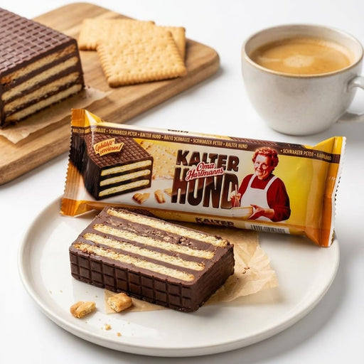 Oma Hartmann’s Kalter Hund German chocolate biscuit bar with layered biscuits and bittersweet dark chocolate.