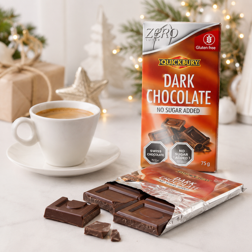 Quickbury sugar-free 72% dark chocolate bar made in Switzerland with no sugar added.