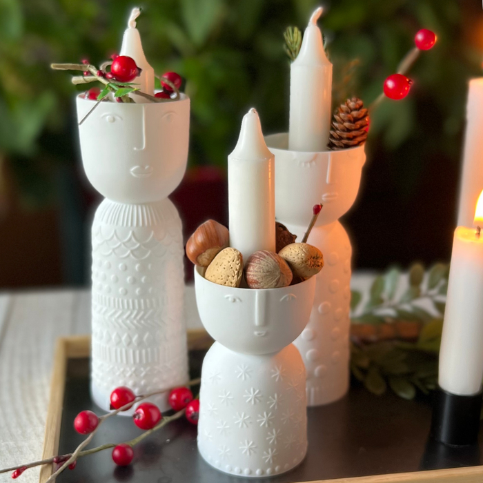 Gingerbread World European Christmas Market - Rader Design Stories - Porcelain Candle Holders with Faces - dressed up for Christmas