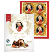 Reber Mozart-Kugeln gift box with six authentic Mozart Balls made with pistachio marzipan, hazelnut nougat and dark chocolate.