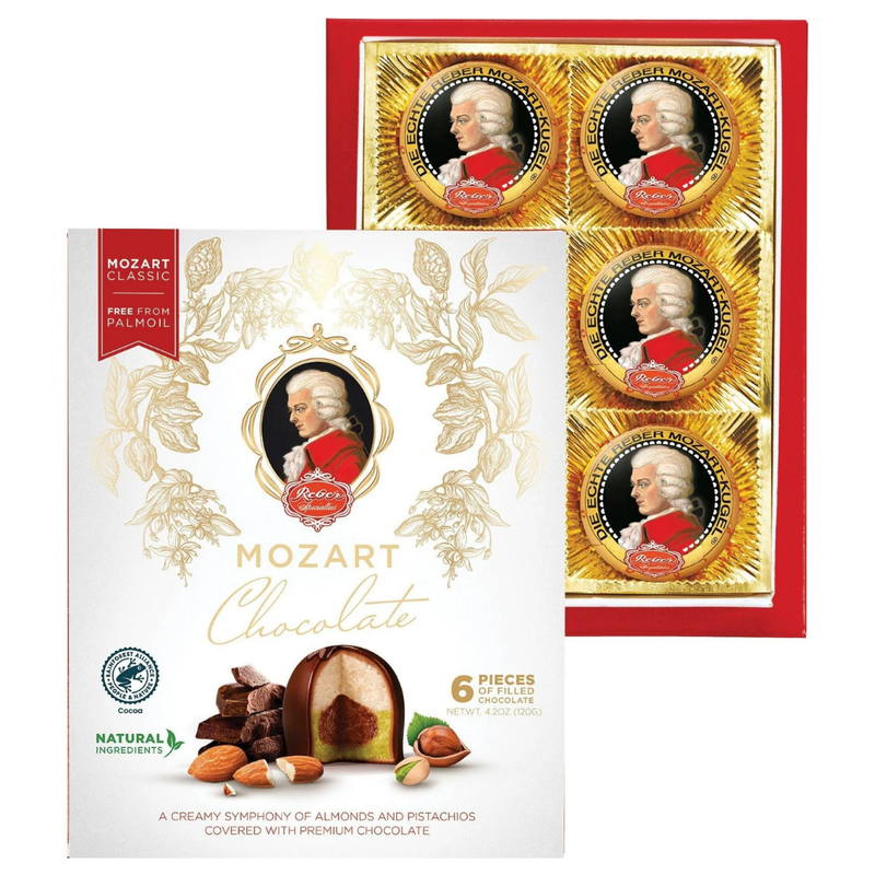 Reber Mozart-Kugeln gift box with six authentic Mozart Balls made with pistachio marzipan, hazelnut nougat and dark chocolate.