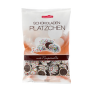Schluckwerder German chocolate buttons (Schokoplätzchen) made with dark chocolate and white nonpareils.