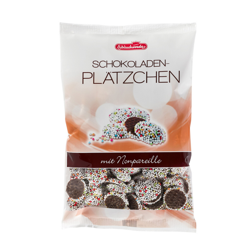 Schluckwerder German chocolate buttons (Schokoplätzchen) made with dark chocolate and white nonpareils.