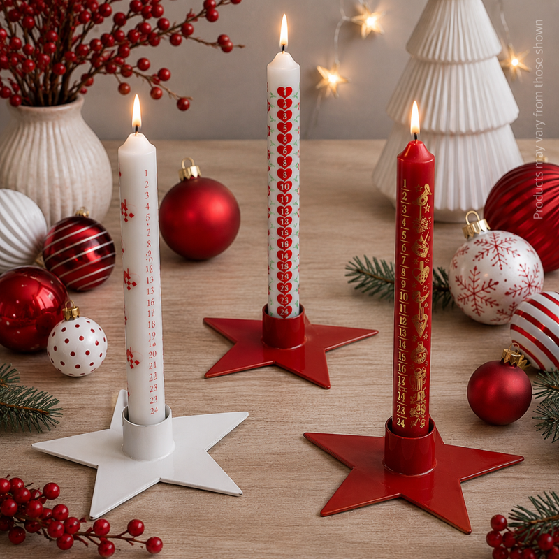Star-shaped metal taper candle holder in red and white for Advent countdown candles – Gingerbread World European Christmas