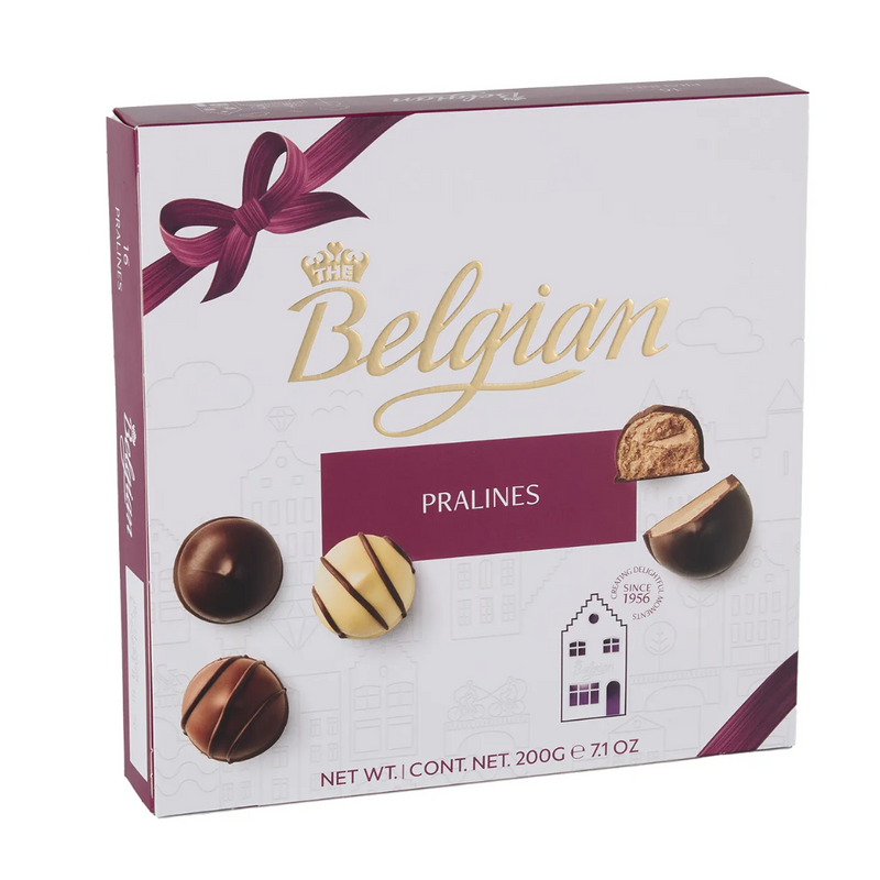 The Belgian Chocolate Assorted Pralines Gift Box featuring 16 assorted Belgian milk, dark, and white chocolate pralines in an elegant 400 g gift box.