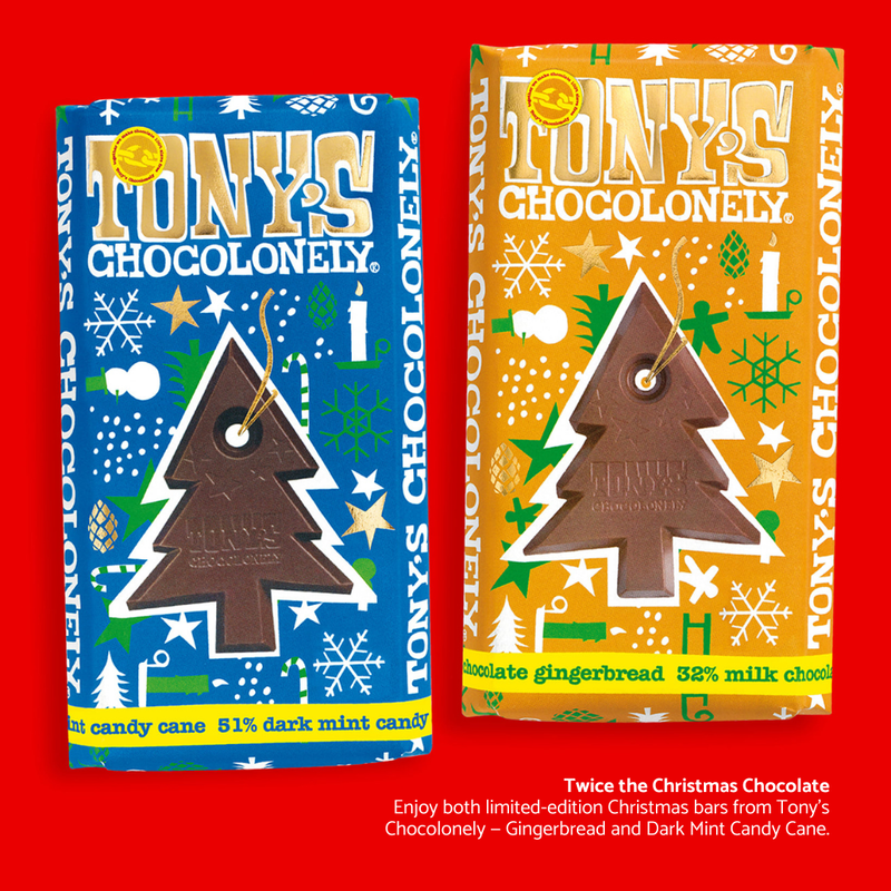 Twice the Christmas Chocolate
Enjoy both limited-edition Christmas bars from Tony’s Chocolonely—Gingerbread and Dark Mint Candy Cane.