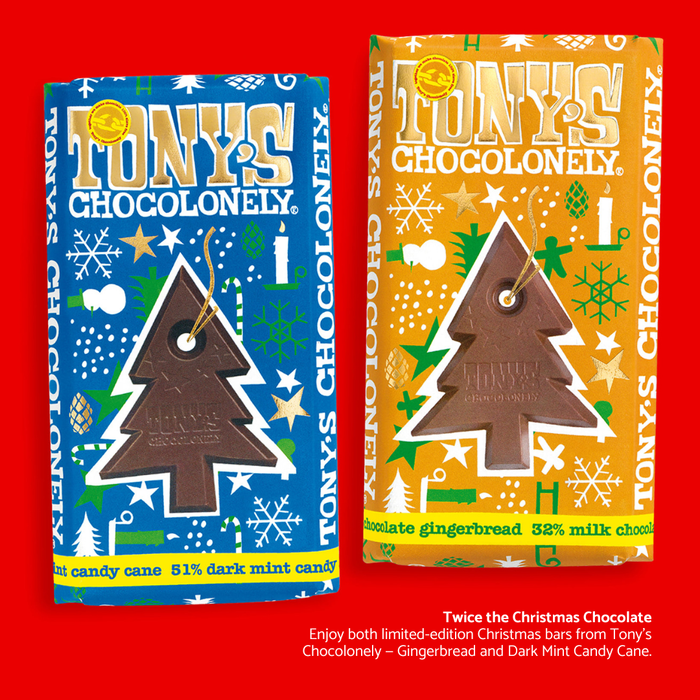Twice the Christmas Chocolate
Enjoy both limited-edition Christmas bars from Tony’s Chocolonely—Gingerbread and Dark Mint Candy Cane.