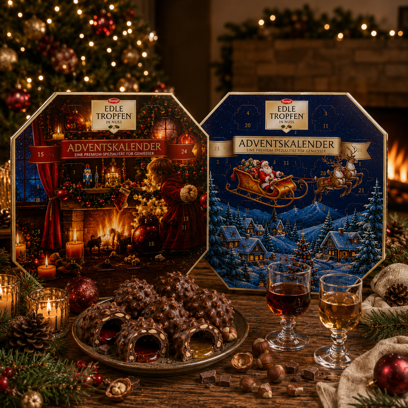 Trumpf Edle Tropfen Premium Liqueur Chocolate Advent Calendar with 24 German liqueur-filled chocolates in two holiday designs | Gingerbread World European Christmas