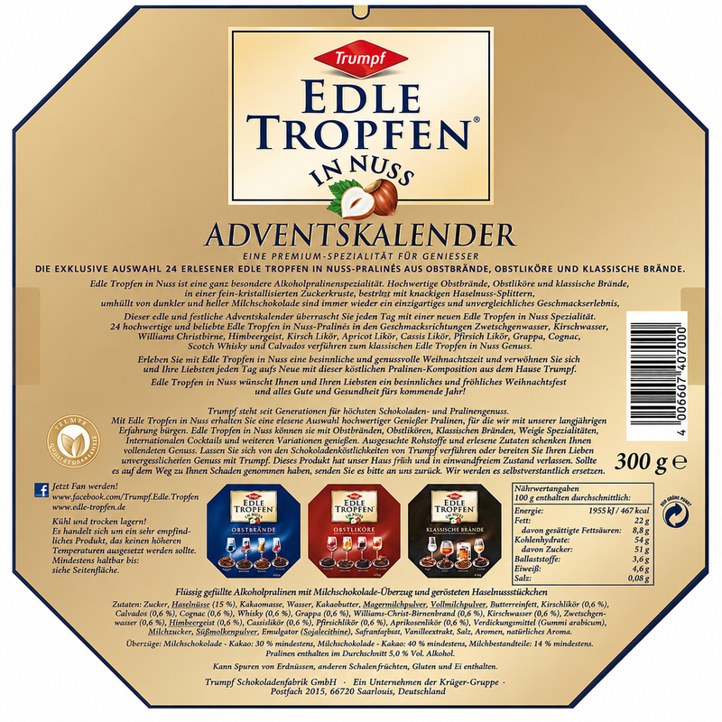 Trumpf Edle Tropfen Premium Liqueur Chocolate Advent Calendar with 24 German liqueur-filled chocolates in two holiday designs | Gingerbread World European 