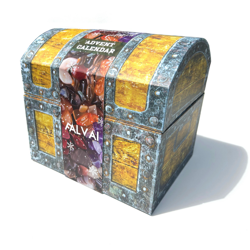 Gemstone Treasure Box Advent Calendar with 24 real polished gemstones hidden behind numbered doors in a pirate-style keepsake chest.