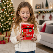 Windel "Letters to Santa" Christmas mailbox gift tin filled with European chocolates and fruit gummies.