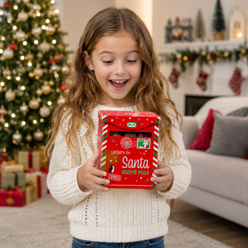 Windel "Letters to Santa" Christmas mailbox gift tin filled with European chocolates and fruit gummies.