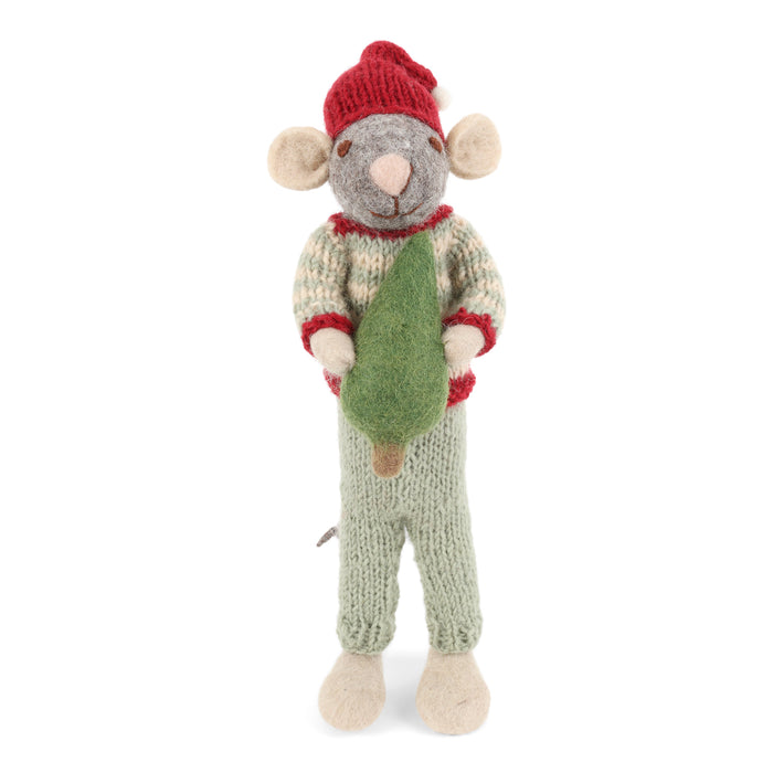 Gingerbread World European Christmas Market En Gry and Sif Scandinavia Felted Wool Ornament Big Grey Mouse with Christmas Tree 80724