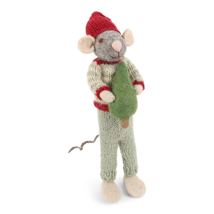 Gingerbread World European Christmas Market En Gry and Sif Scandinavia Felted Wool Ornament Big Grey Mouse with Christmas Tree 80724