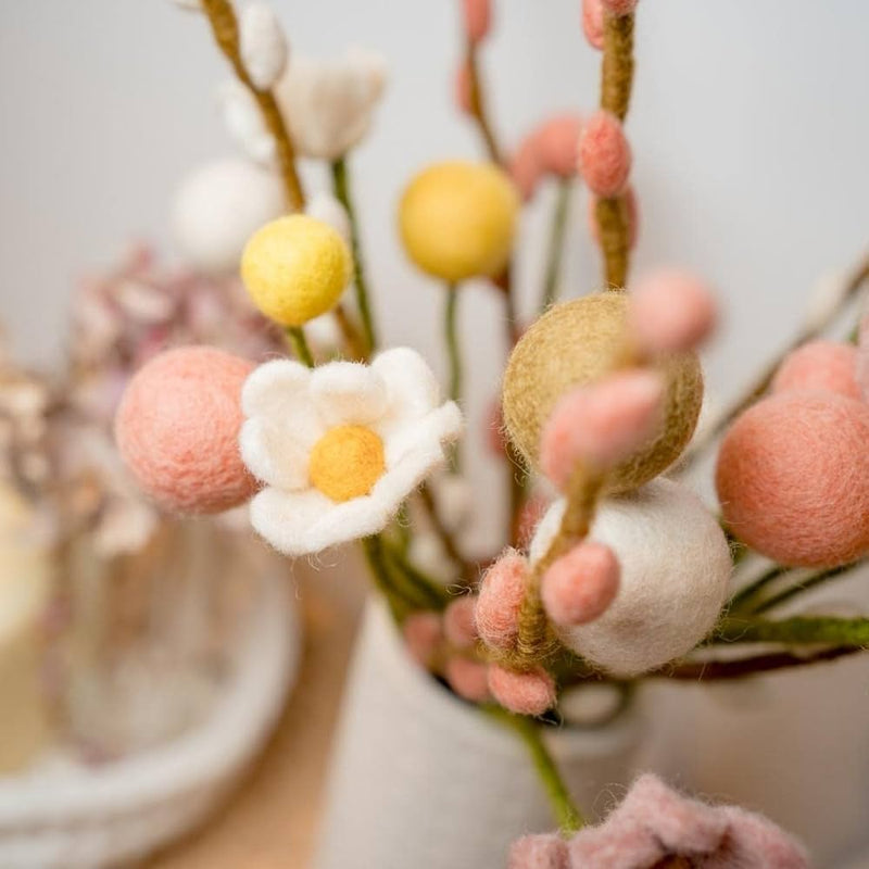 Gingerbread World European Market - En Gry and Sif Felted Wool Forever Flowers - Anemone Flower shown with Dot Flowers and Willow Branches