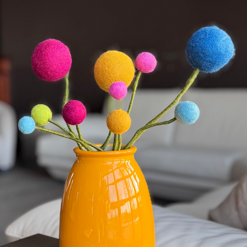 Gingerbread World European Market - En Gry and Sif Felted Wool Forever Flowers - Colourful Dot Flowers in bright yellow vase