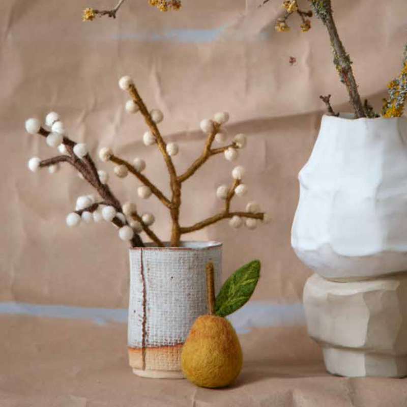 Gingerbread World European Market - En Gry and Sif Felted Wool Forever Flowers - Mini Branch with White and Beige Berries 12325