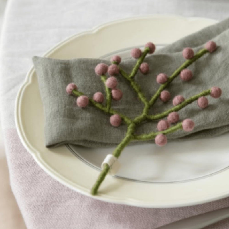 Gingerbread World European Market - En Gry and Sif Felted Wool Forever Flowers – Mini Branch with Rouge Berries 15334 shown on plate and napkin
