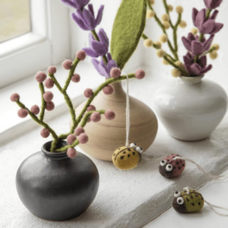 Gingerbread World European Market - En Gry and Sif Felted Wool Forever Flowers – Mini Branch with Rouge Berries and Lavender Trio