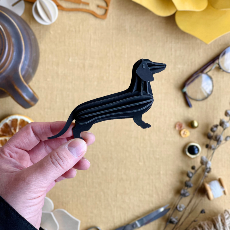 Gingerbread World European Market - Lovi Finland 3D Wooden Puzzle Figure - Dachshund black 12 cm - in hand