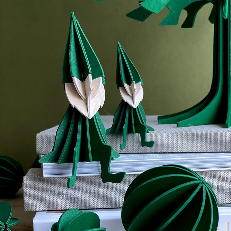 Gingerbread World European Market - Lovi Finland 3D Wooden Puzzle Ornament - Elf figure Green 8 and 12 cm sitting on books