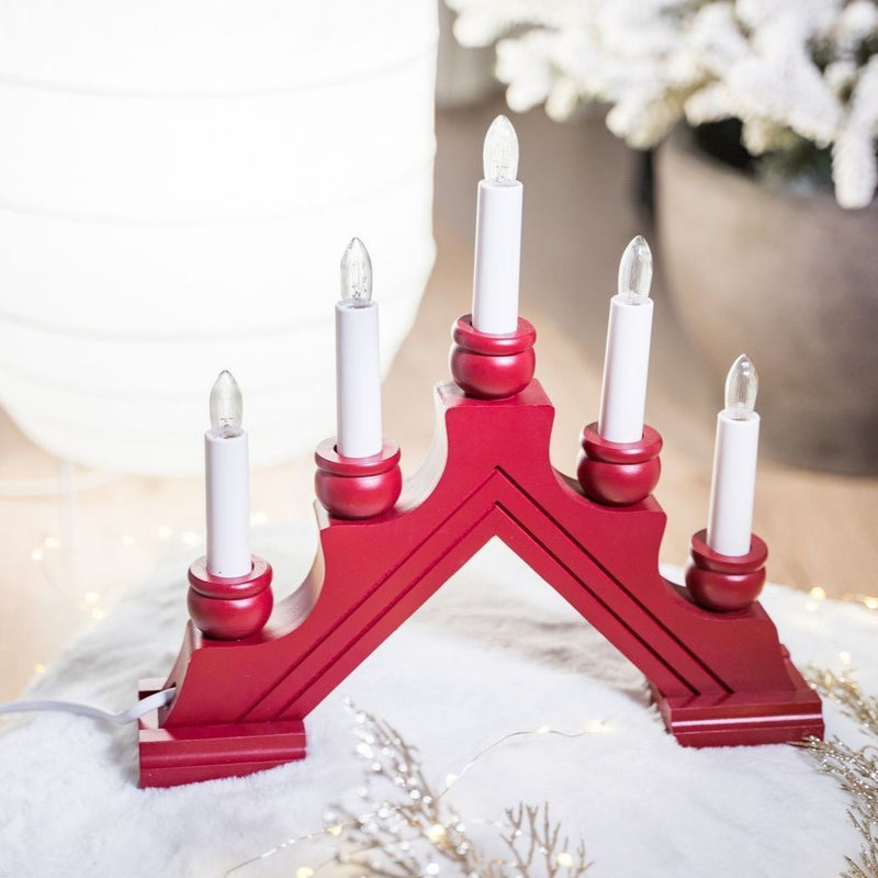 Red wooden candle arch with five LED candles Scandinavian Christmas window decoration – Gingerbread World European Christmas