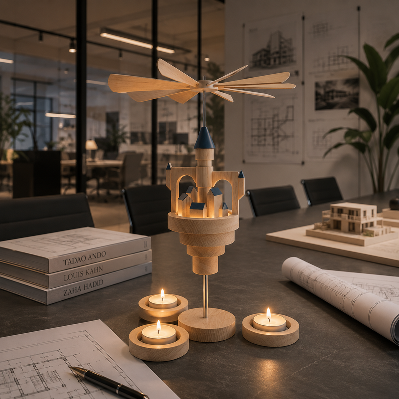 Seiffener Volkskunst Schalling Floating Castle Christmas Pyramid with blue roofs displayed on a modern architects' boardroom table with three lit tealight candles, architectural plans and scale models in the background.