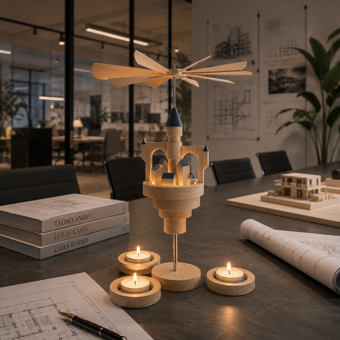 Seiffener Volkskunst Schalling Floating Castle Christmas Pyramid with blue roofs displayed on a modern architects' boardroom table with three lit tealight candles, architectural plans and scale models in the background.