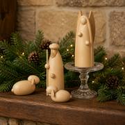 Seiffener Volkskunst Schalling Nativity Scene Angel and Shepherd set with handcrafted wooden angel, shepherd and two sheep, made in Seiffen, Germany.