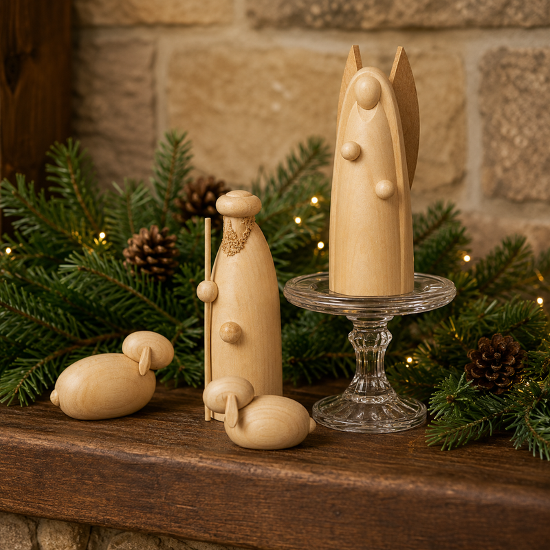 Seiffener Volkskunst Schalling Nativity Scene Angel and Shepherd set with handcrafted wooden angel, shepherd and two sheep, made in Seiffen, Germany.