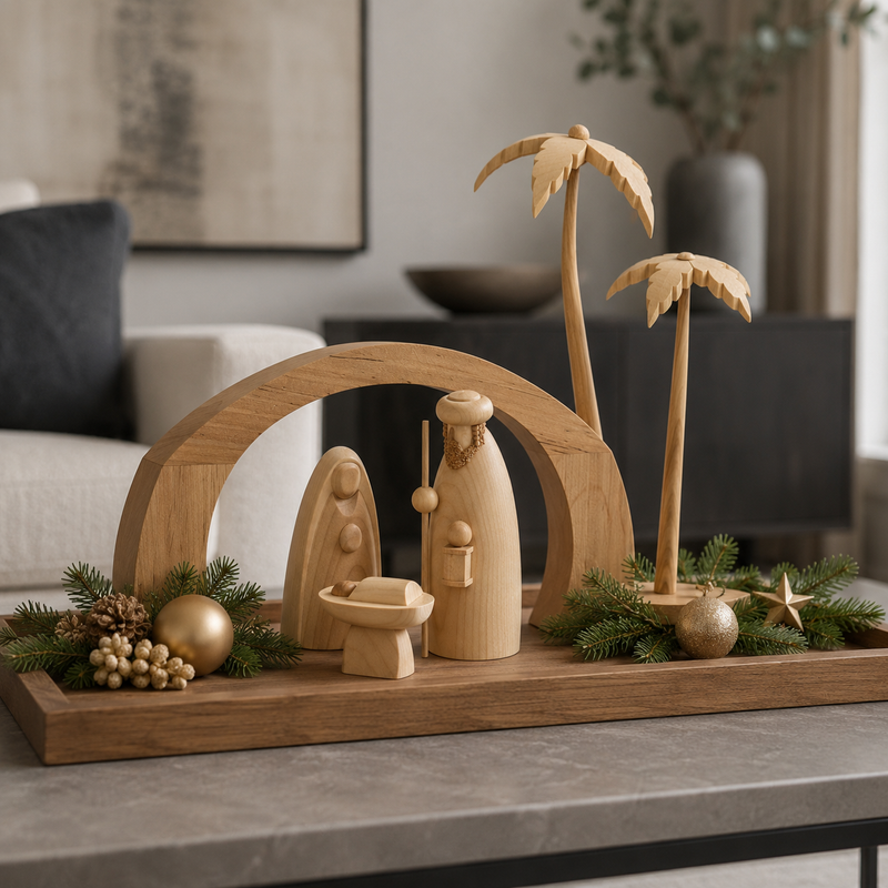 Seiffener Volkskunst Schalling Nativity Scene displayed on a wooden tray with the handcrafted Holy Family beneath the wooden Nativity Arch, framed by palm trees and Christmas greenery on a modern coffee table.