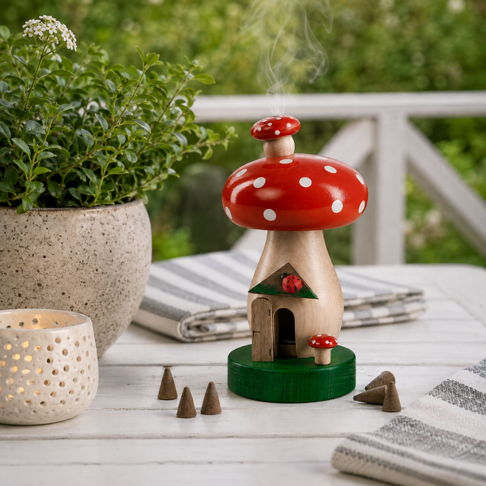 Handcrafted Richard Glässer German toadstool house incense smoker with a red mushroom roof, crooked chimney and ladybug, made in Seiffen, Germany.