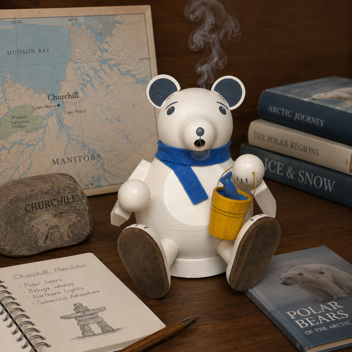 Handcrafted Richard Glässer German polar bear incense smoker with a blue scarf and bucket of freshly caught fish, made in Seiffen, Germany.