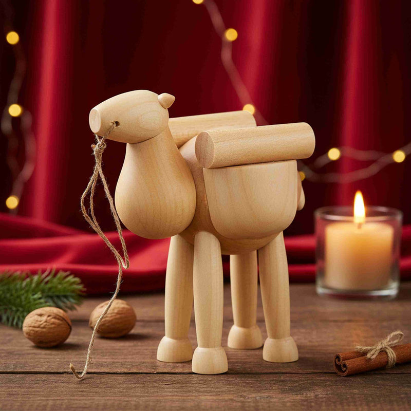 Seiffener Volkskunst Schalling Nativity Scene handcrafted wooden camel with carved luggage and traditional string lead, made in Seiffen, Germany.